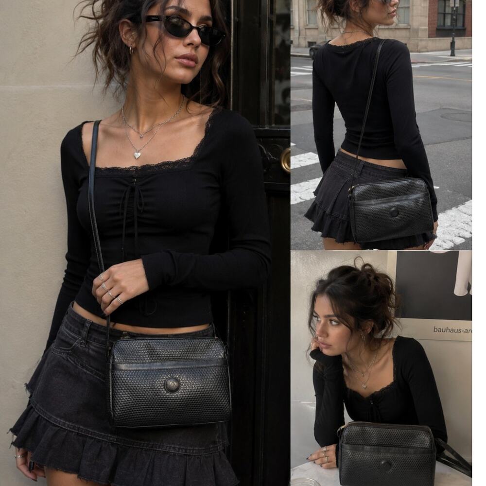 Liz Claiborne 1983 Vintage Black Crossbody Bag Geometric Leather Trim 80s